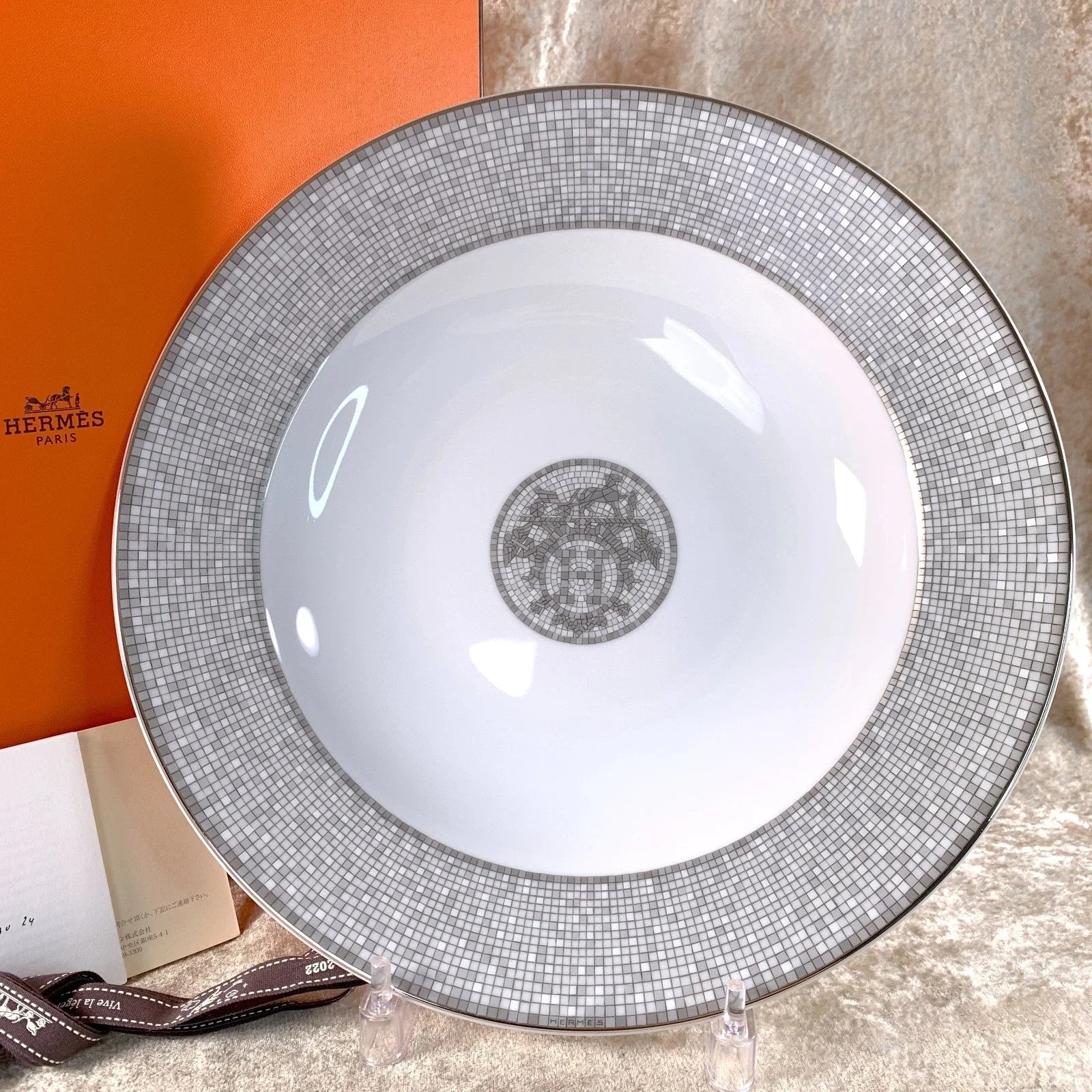 Hermes Large Plate Bowl Mosaique au 24 Platinum 30cm Porcelain Tableware w/Box