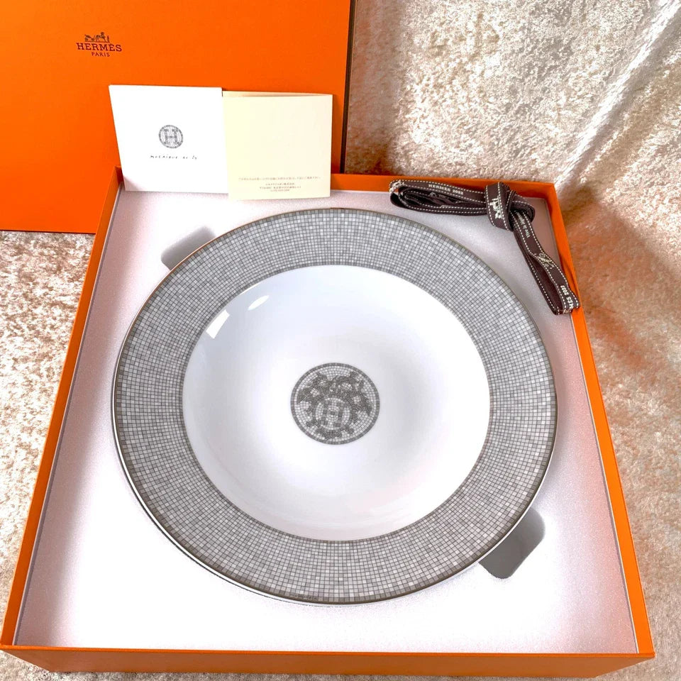 Hermes Large Plate Bowl Mosaique au 24 Platinum 30cm Porcelain Tableware w/Box